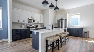 Fridge, dining tables