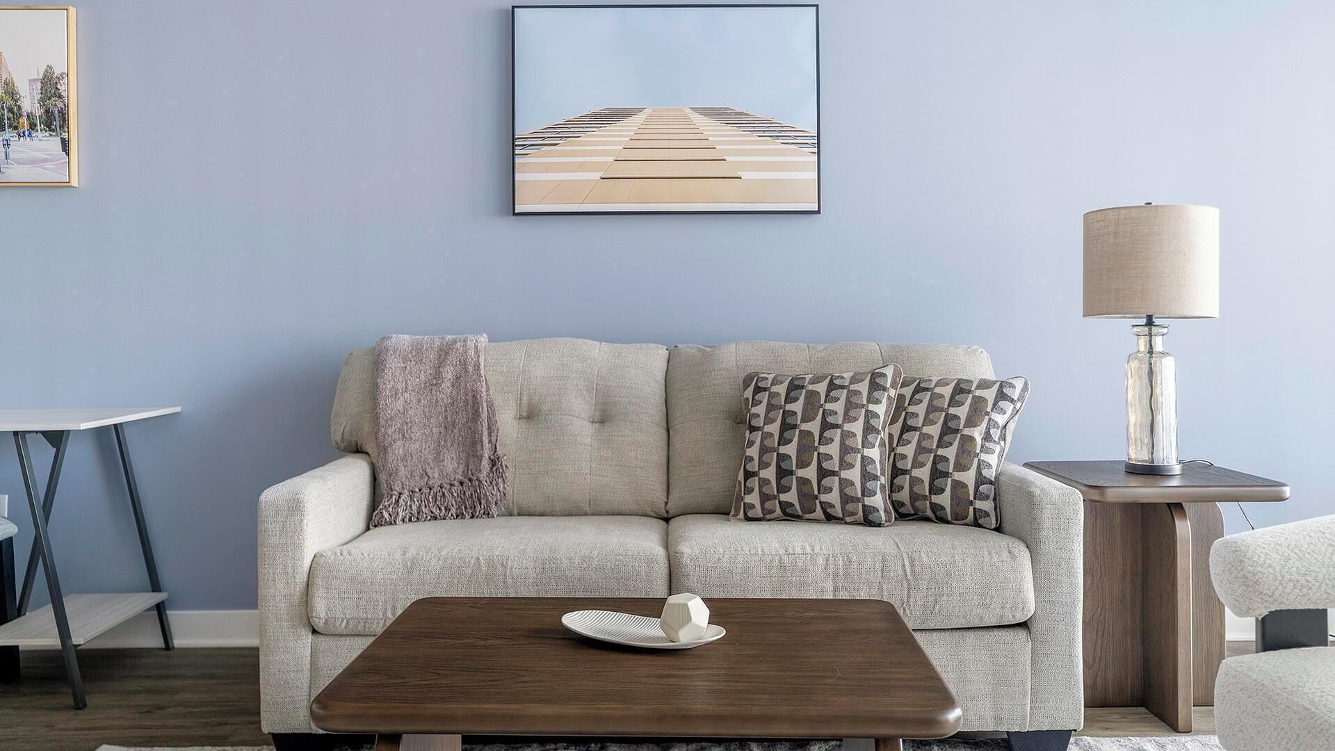 A living room with a sofa, a coffee table, a lamp, and a framed picture on the wall.