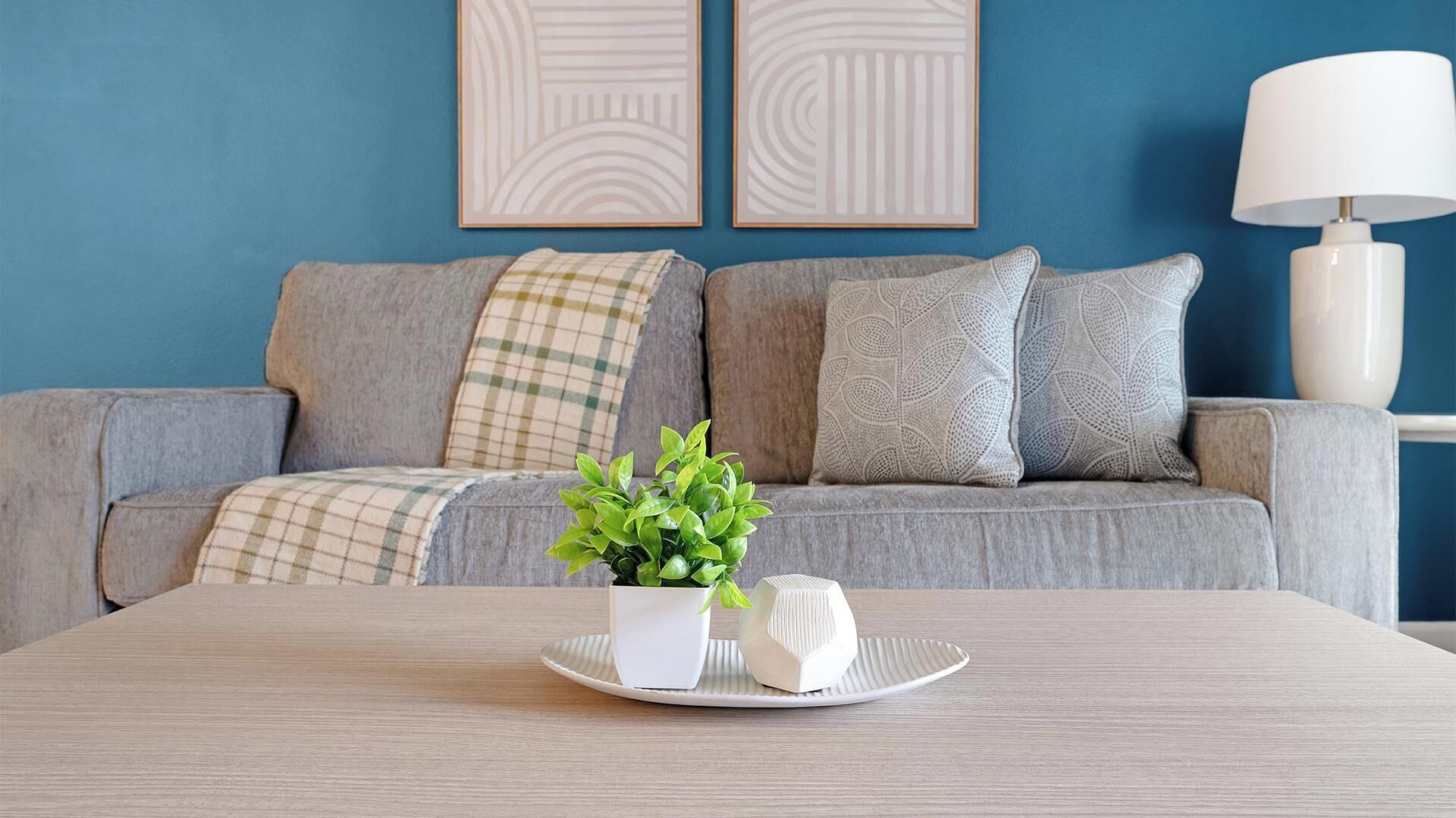 Een moderne woonkamer met een grijze bank, twee decoratieve kussens met print, een witte bijzettafel met een plant en een wit object, en een blauwe muur met twee abstracte kunstwerken in lijst.