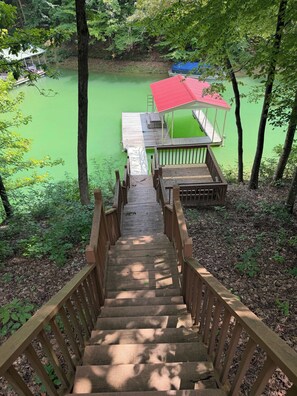Eine Holztreppe führt zu einem Steg mit rotem Dach, umgeben von Bäumen und einer grünen Wasserfläche.