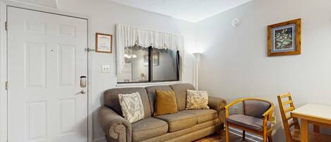 Télévision, cheminée, lecteur de DVD, espaces bureaux