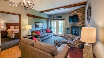 TV, fireplace, foosball, offices