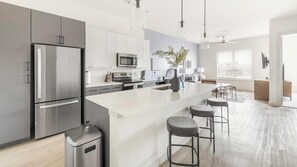 Fridge, dining tables