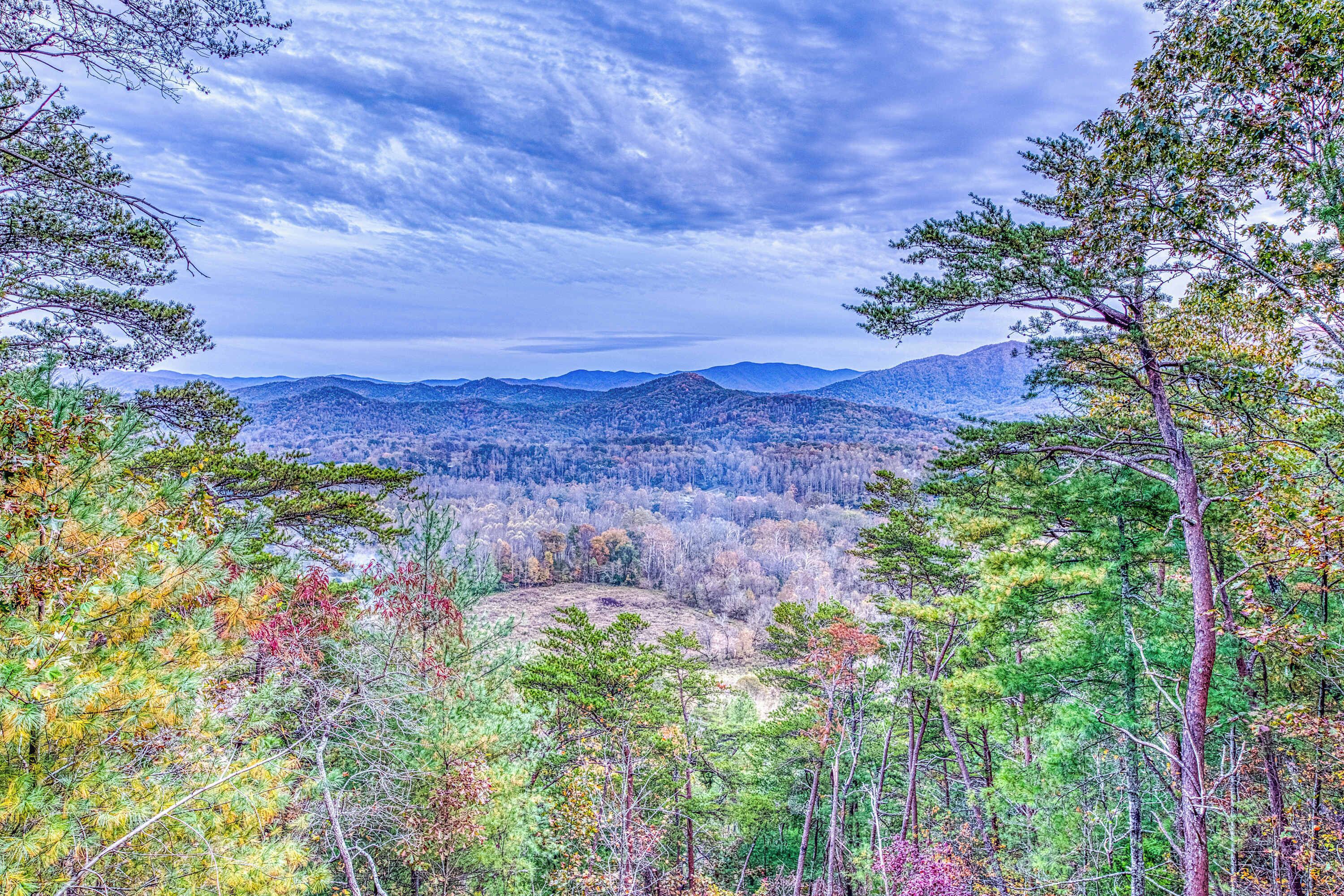 Un paysage montagneux, avec de vastes forêts et un ciel dégagé.