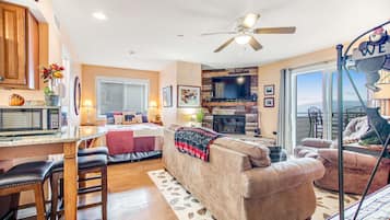 Televisión, chimenea y oficina