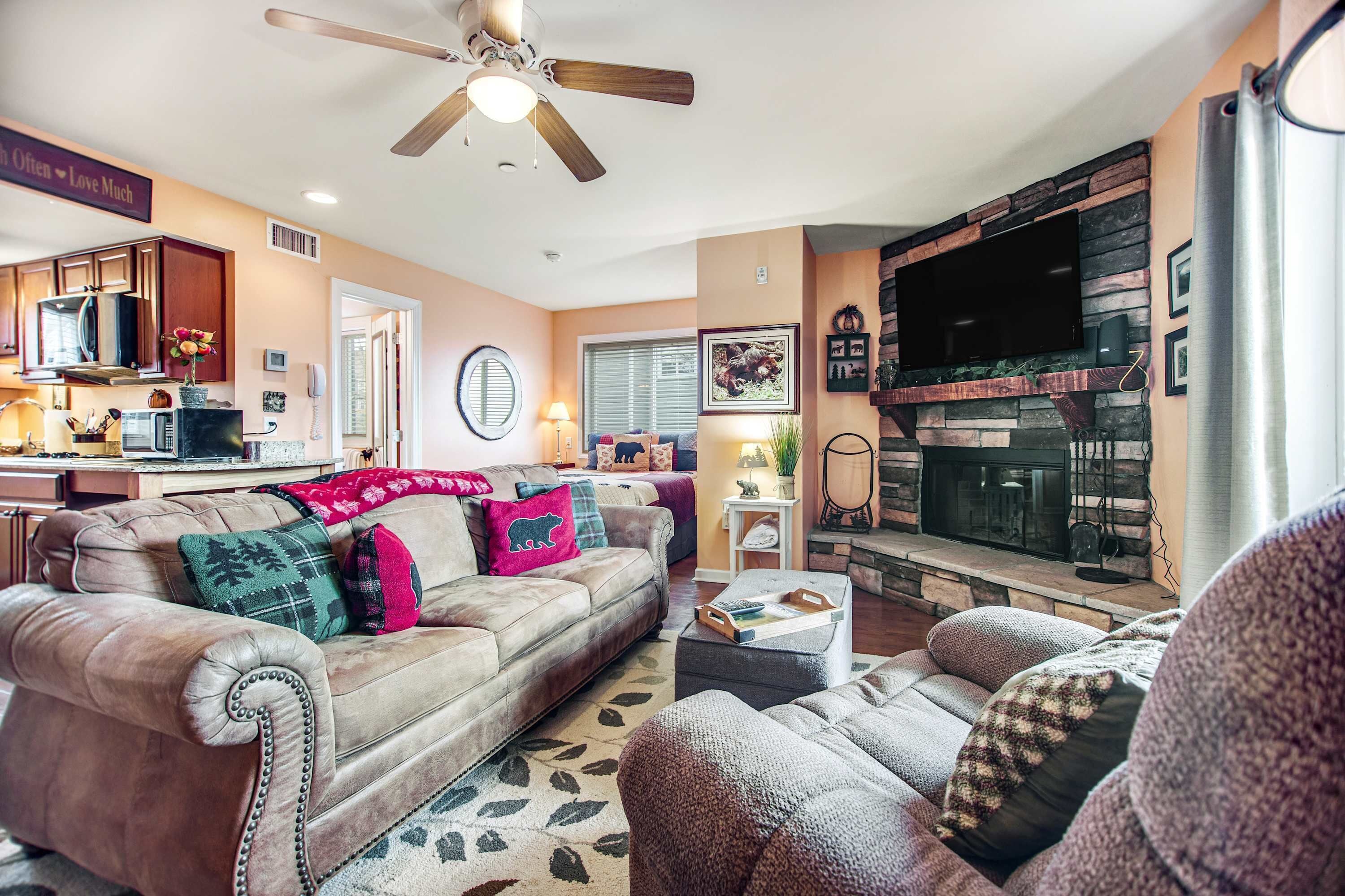 TV, fireplace, offices