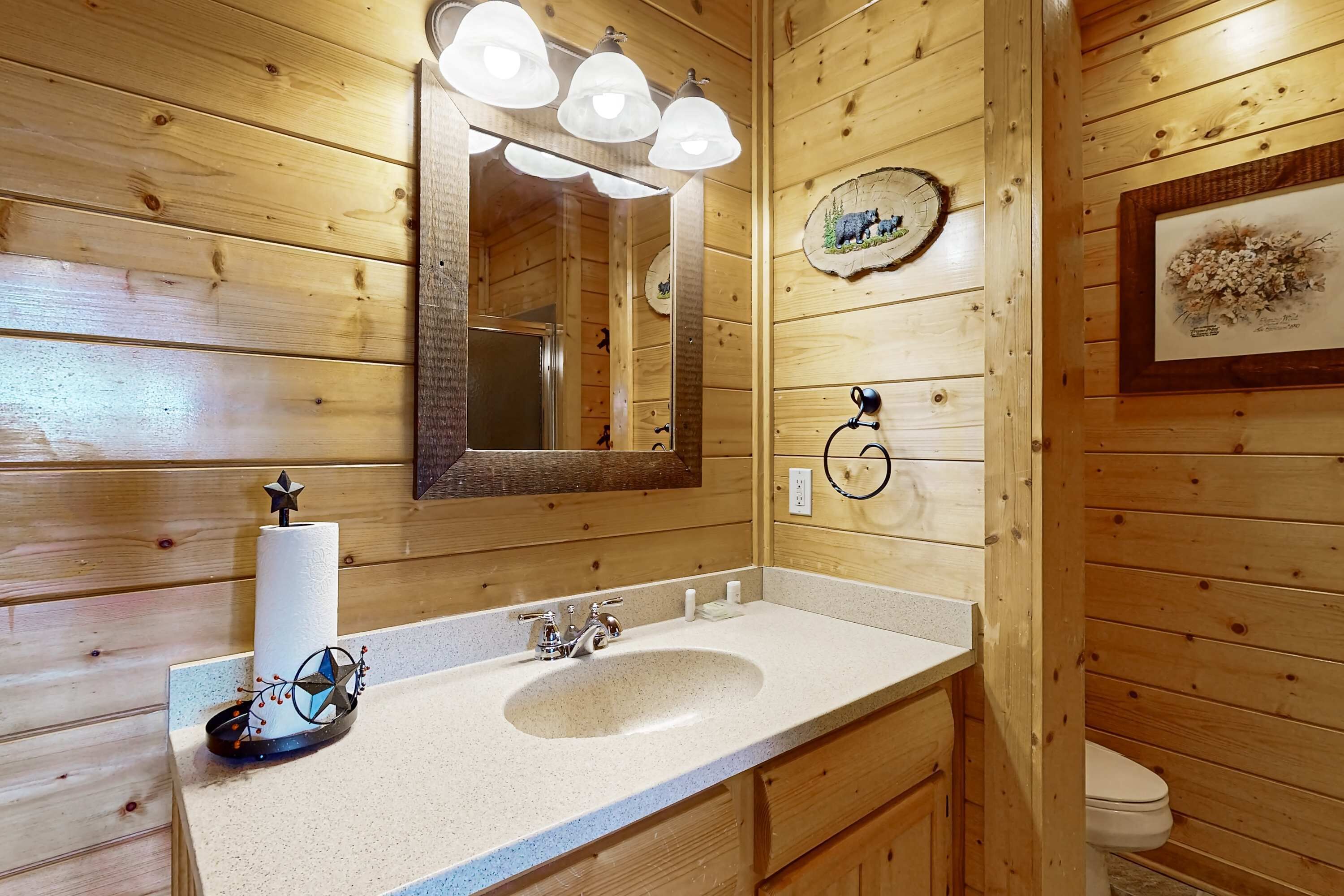 Une salle de bain rustique, avec des murs en bois, comprenant un lavabo, un miroir et trois lampes au-dessus.