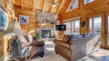 Een televisie, een open haard, een dvd-speler en een kantoor