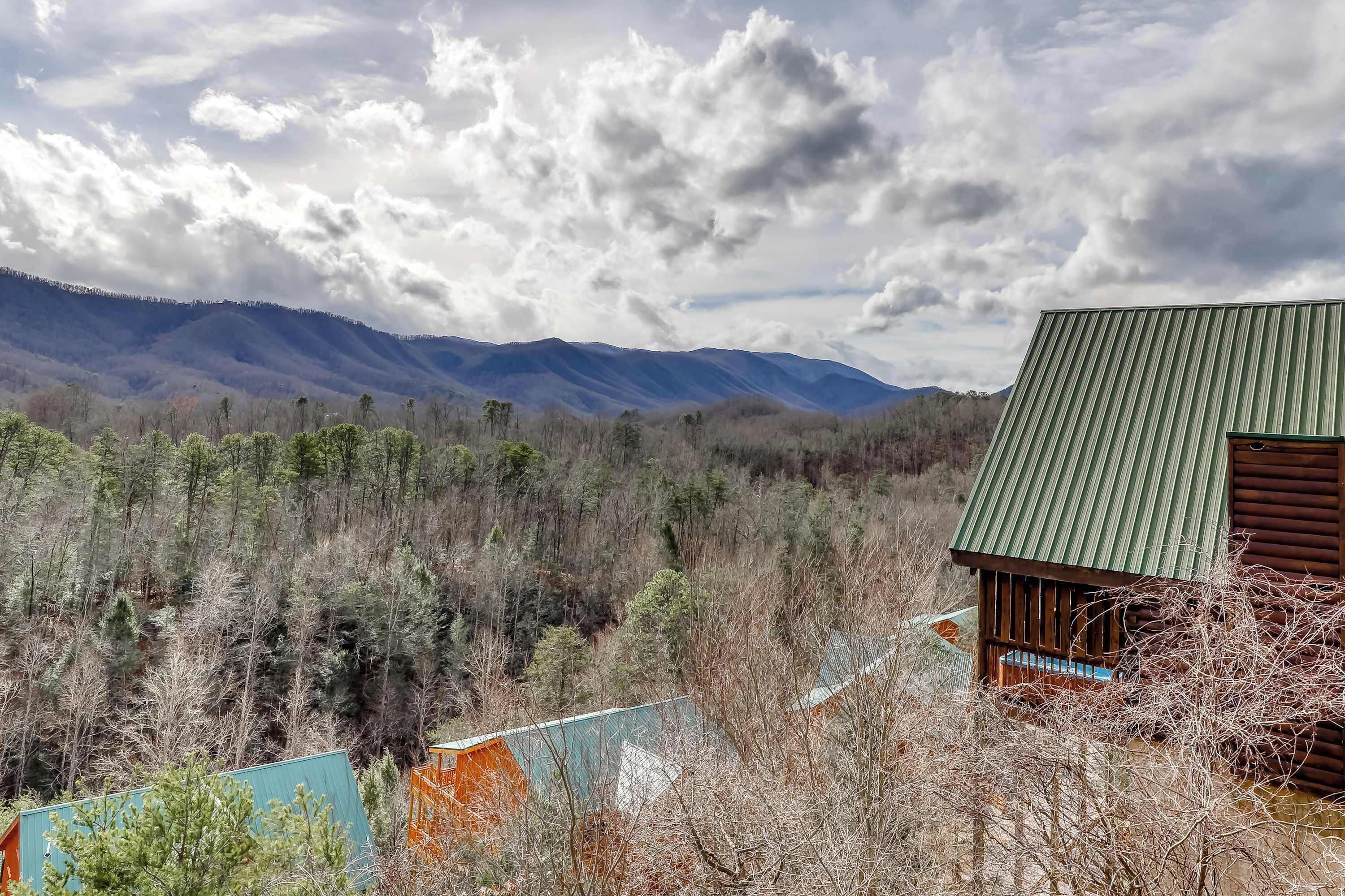 A cabin with a green roof, surrounded by dense forest and mountains in the background.