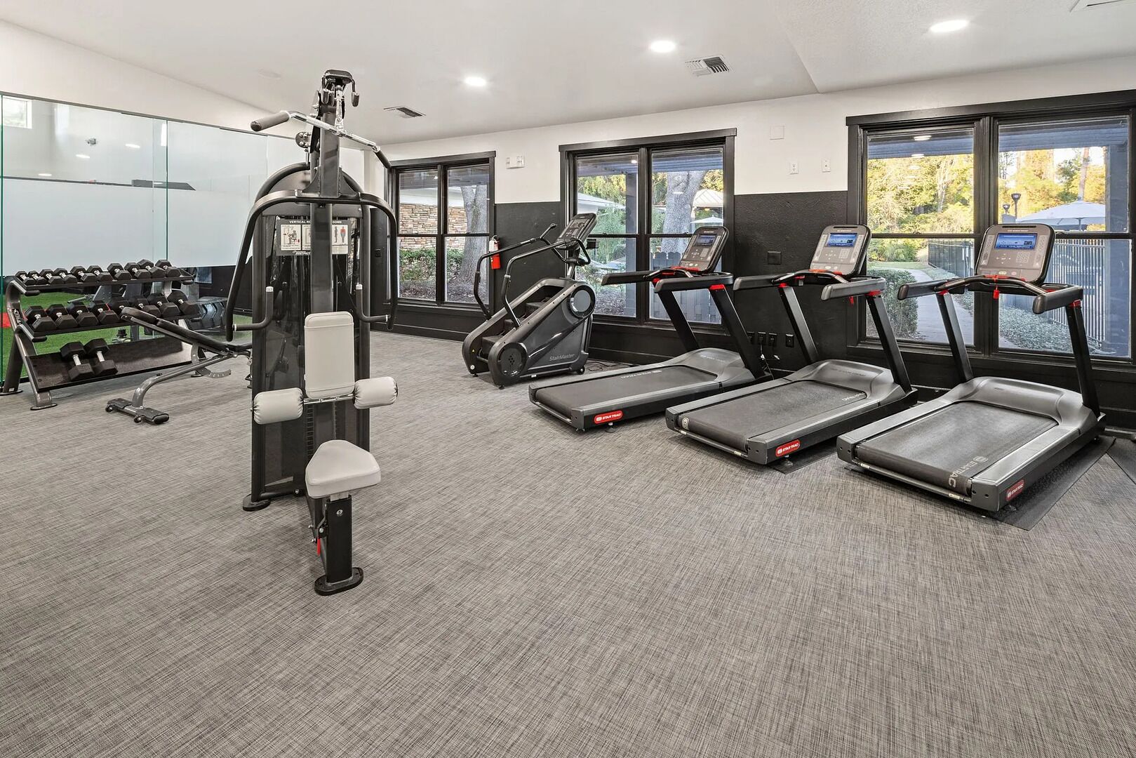 A gym with treadmills, weight machines, and dumbbells.