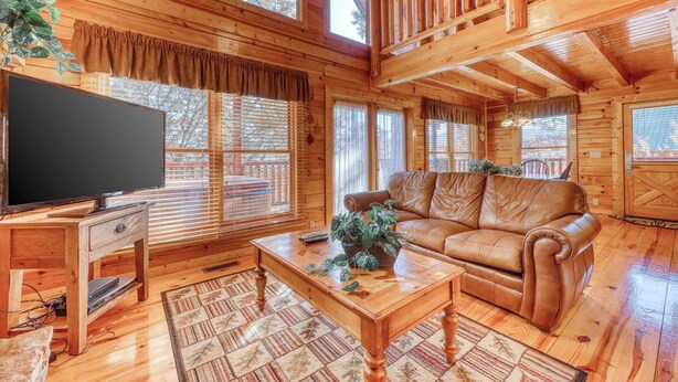 L’intérieur d’un chalet en bois, avec un canapé en bois, un téléviseur posé sur un meuble et une table à manger agrémentée d’une plante.