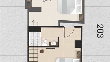 A top floor layout with a kitchen, two bedrooms, a bathroom, and a living area.