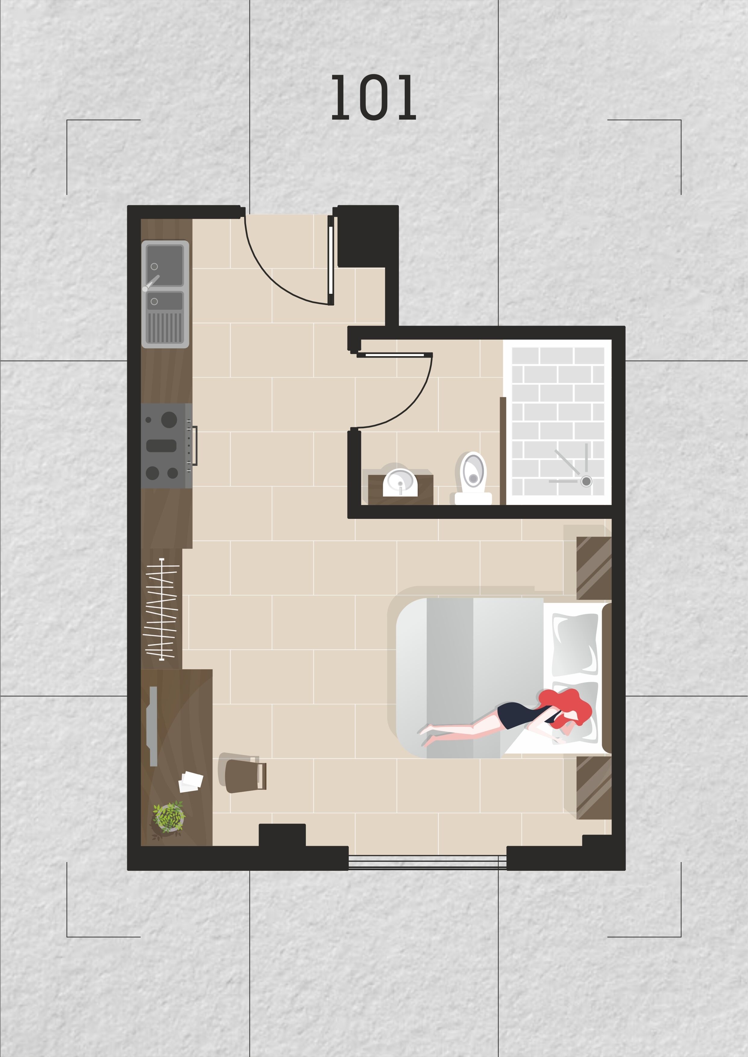 A 101 room layout with a kitchen, bathroom, and a sitting area.