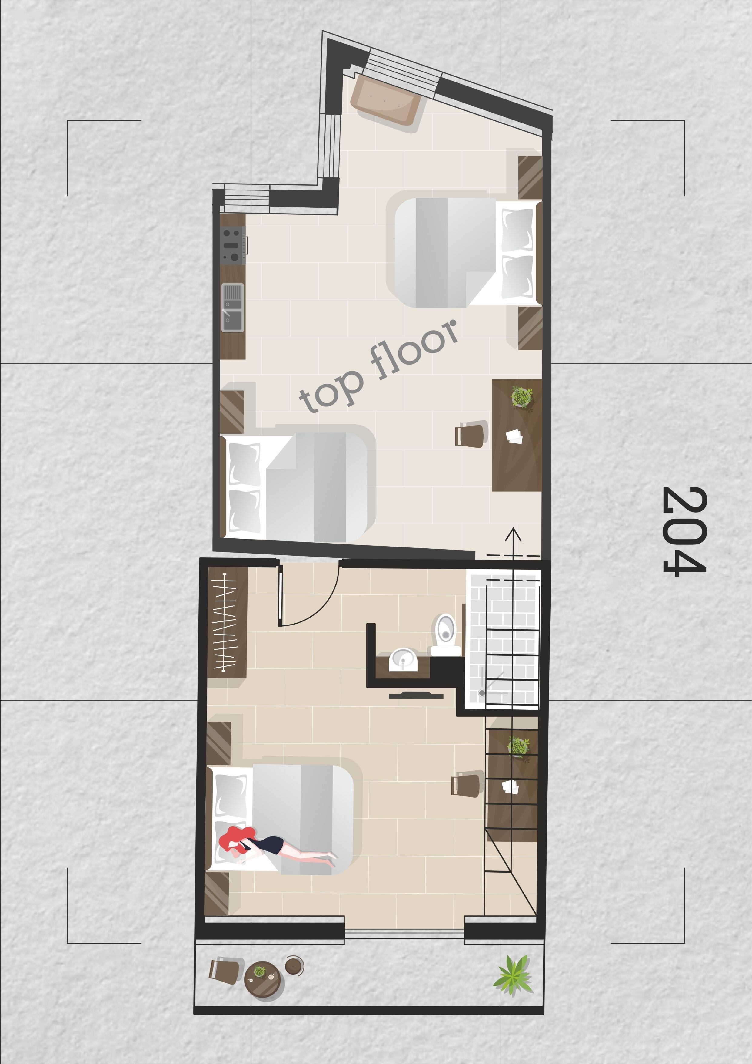 A top floor layout with a bedroom, bathroom, and living area.