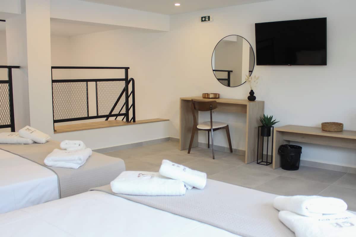 A hotel room with two beds, a desk, a chair, a TV, a mirror, and a small plant.