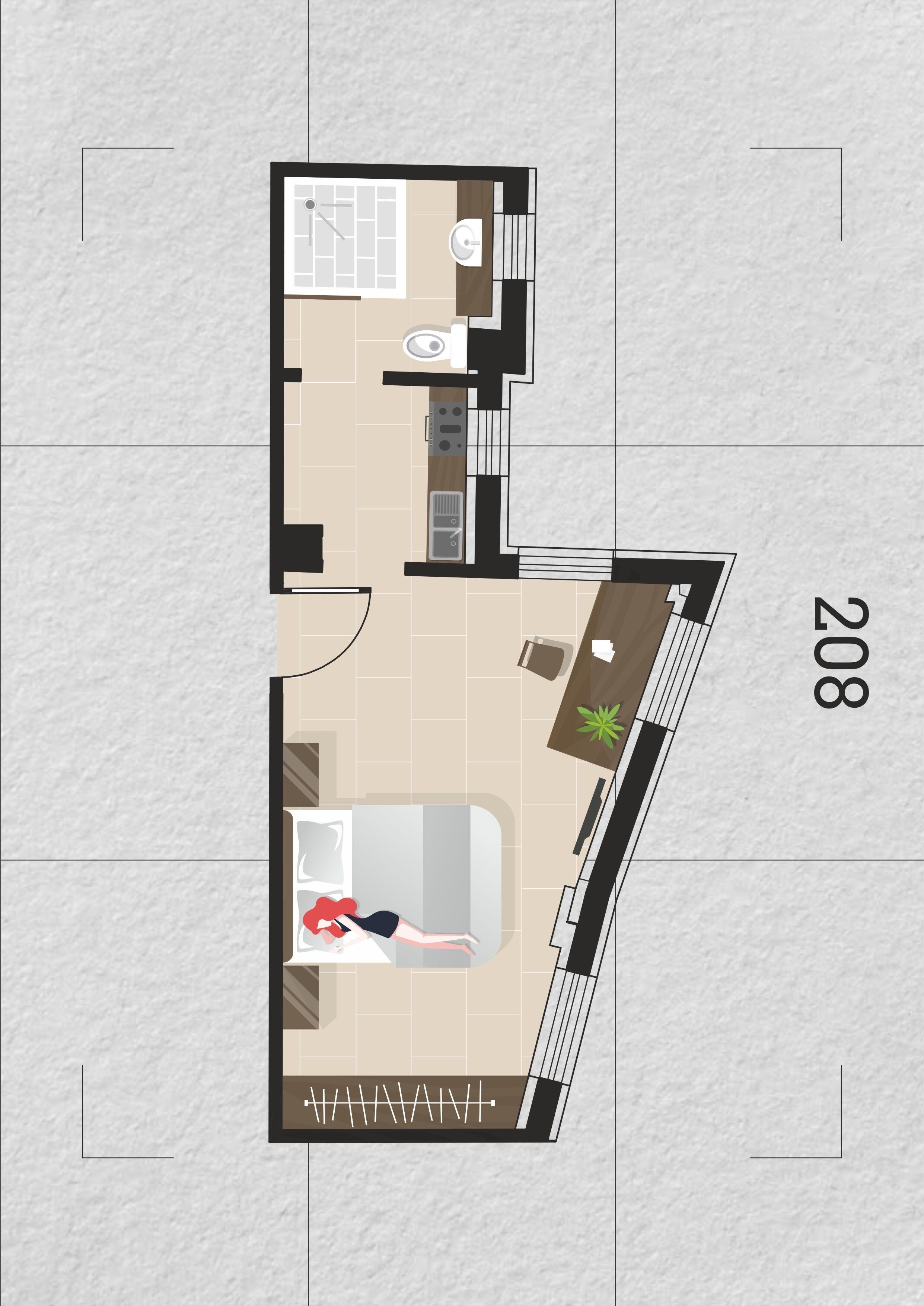 Plano de un cuarto de hotel con baño, kitchenette y un área de descanso con una planta.
