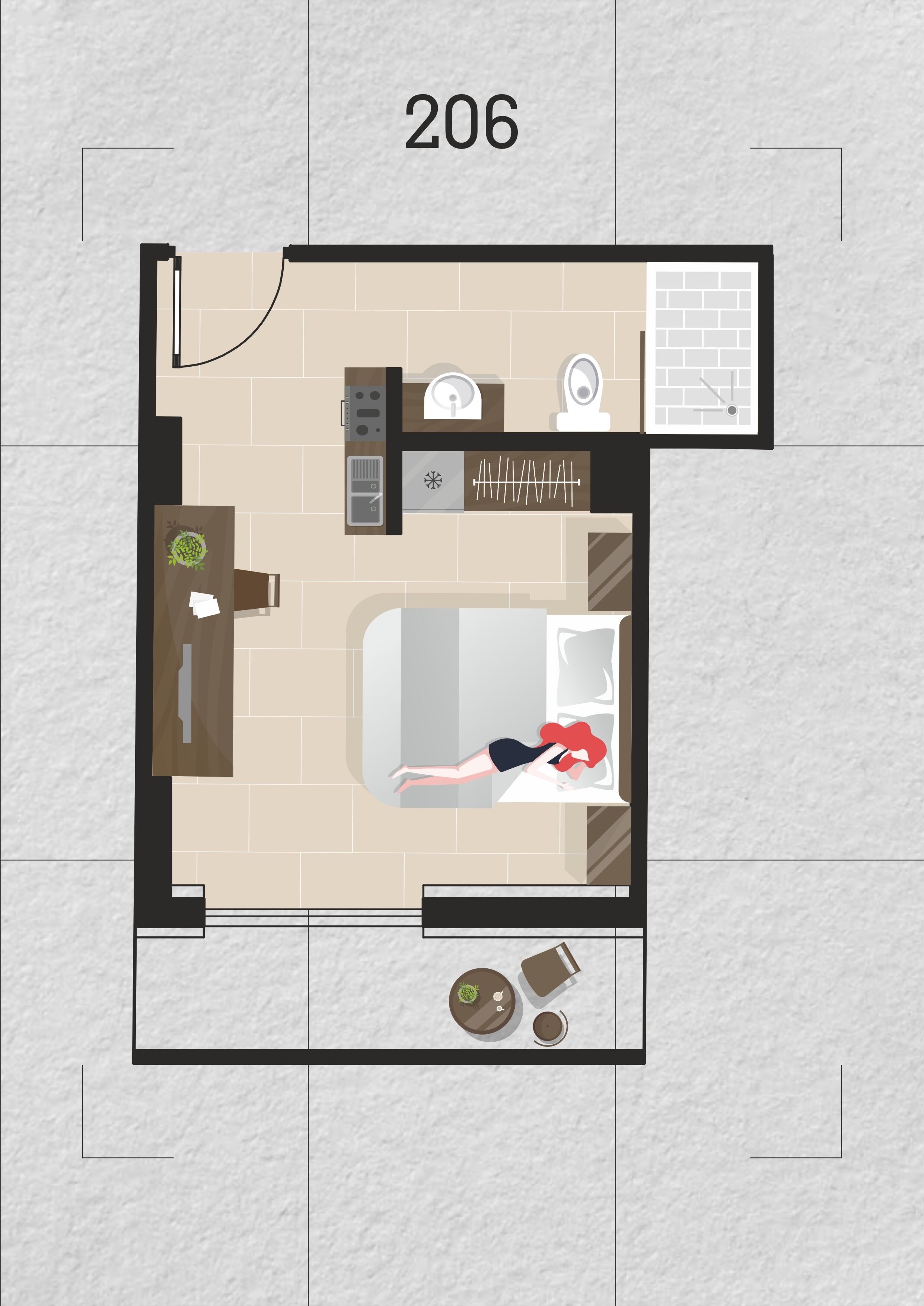Une chambre de 206 mètres carrés comprenant une salle de bain, une kitchenette et un lit.