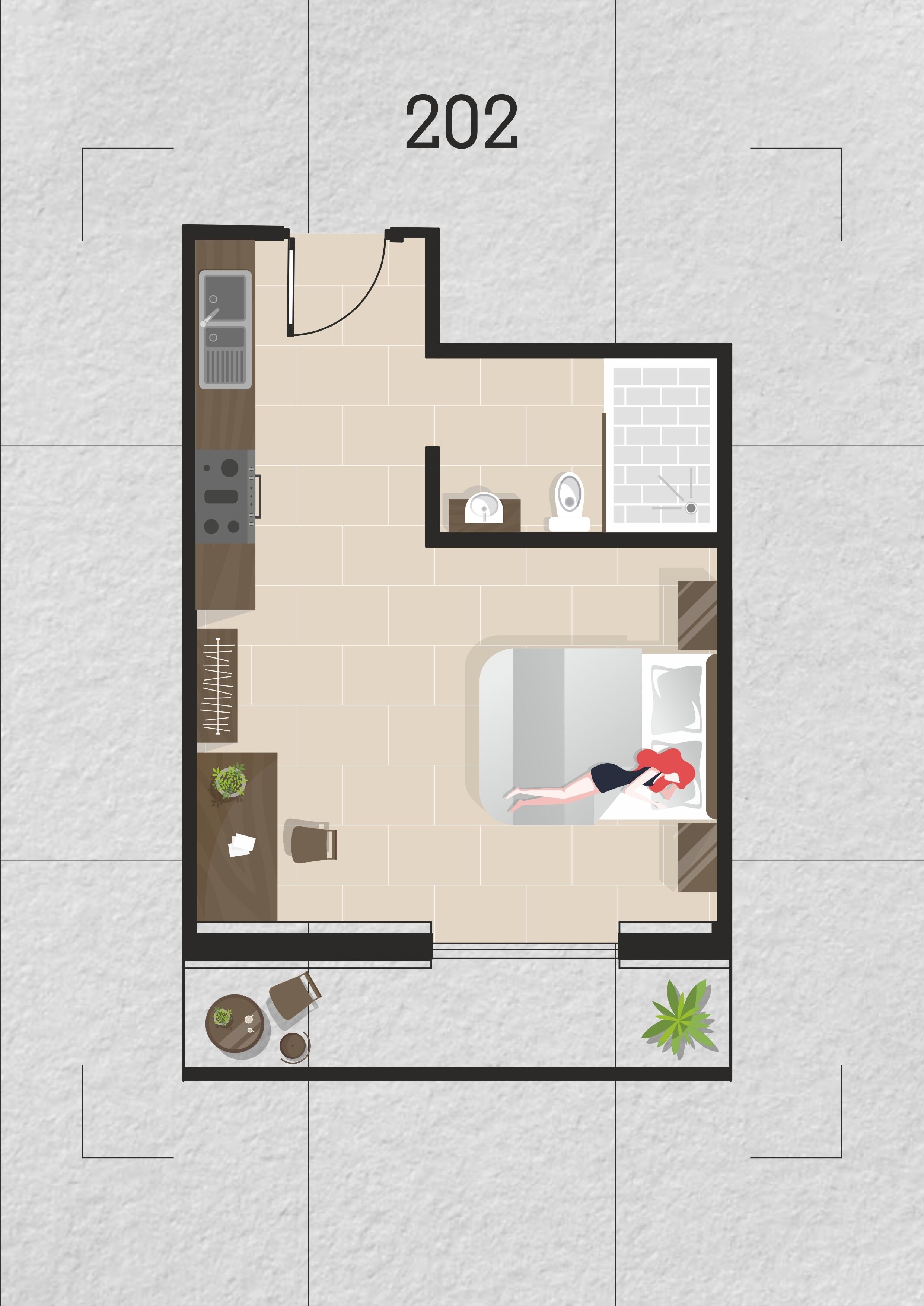 Distribución de un cuarto de 202 con cocina, baño y zona de descanso.