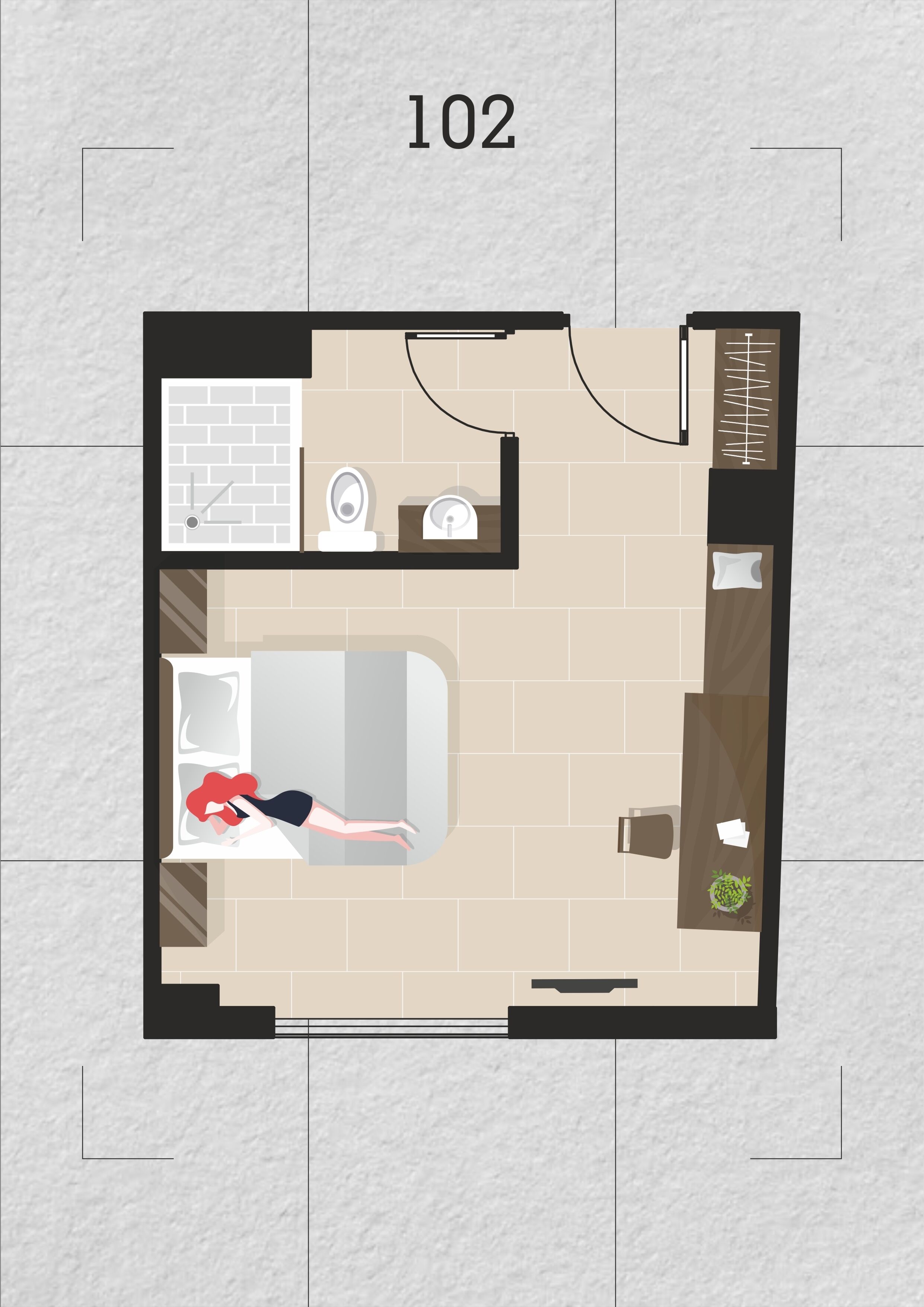 Distribución de una habitación de 102 habitaciones, con baño, una kitchenette pequeña y una cama.