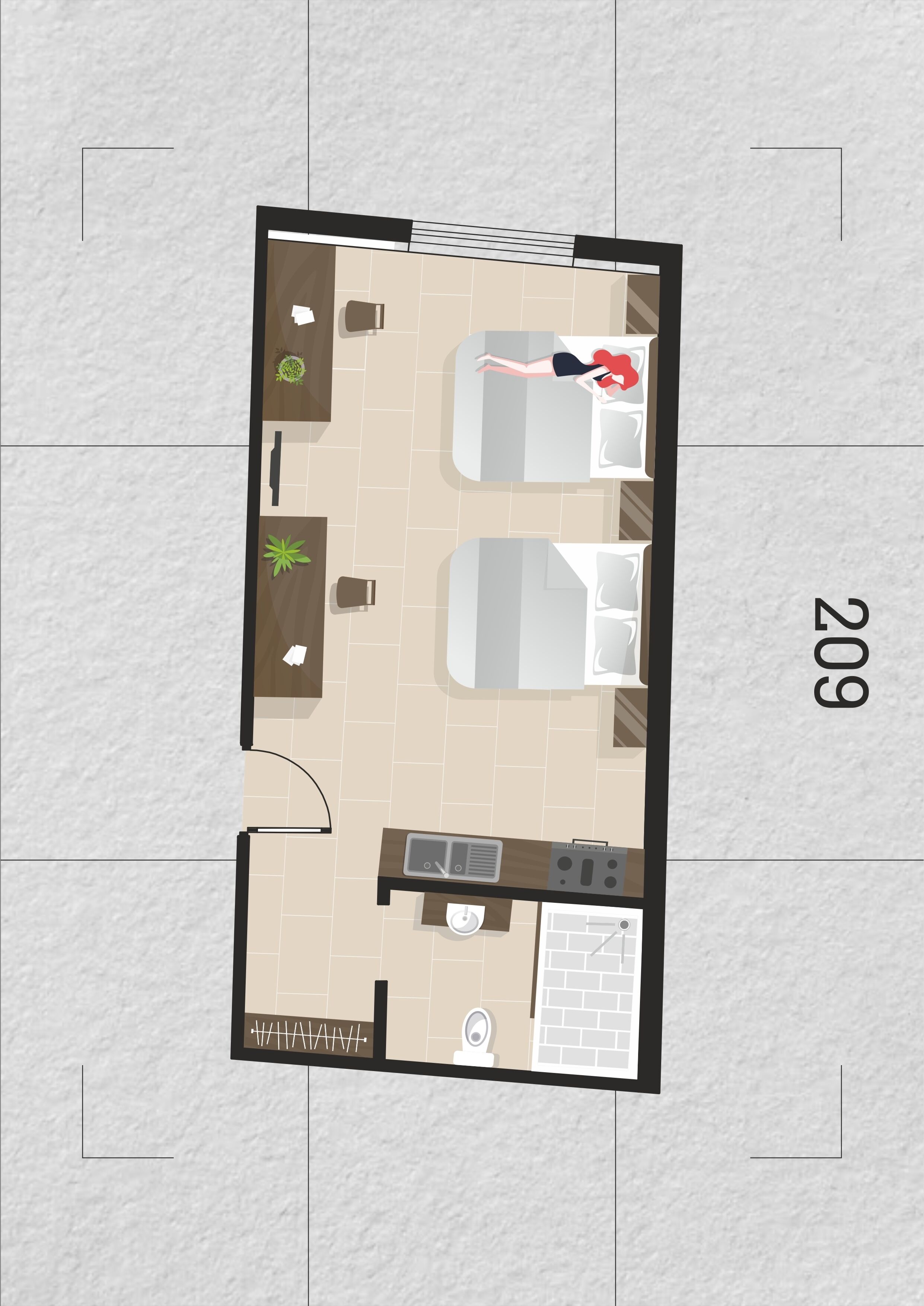 Distribución de 209 habitaciones, con cocina, comedor, dos dormitorios y un baño.