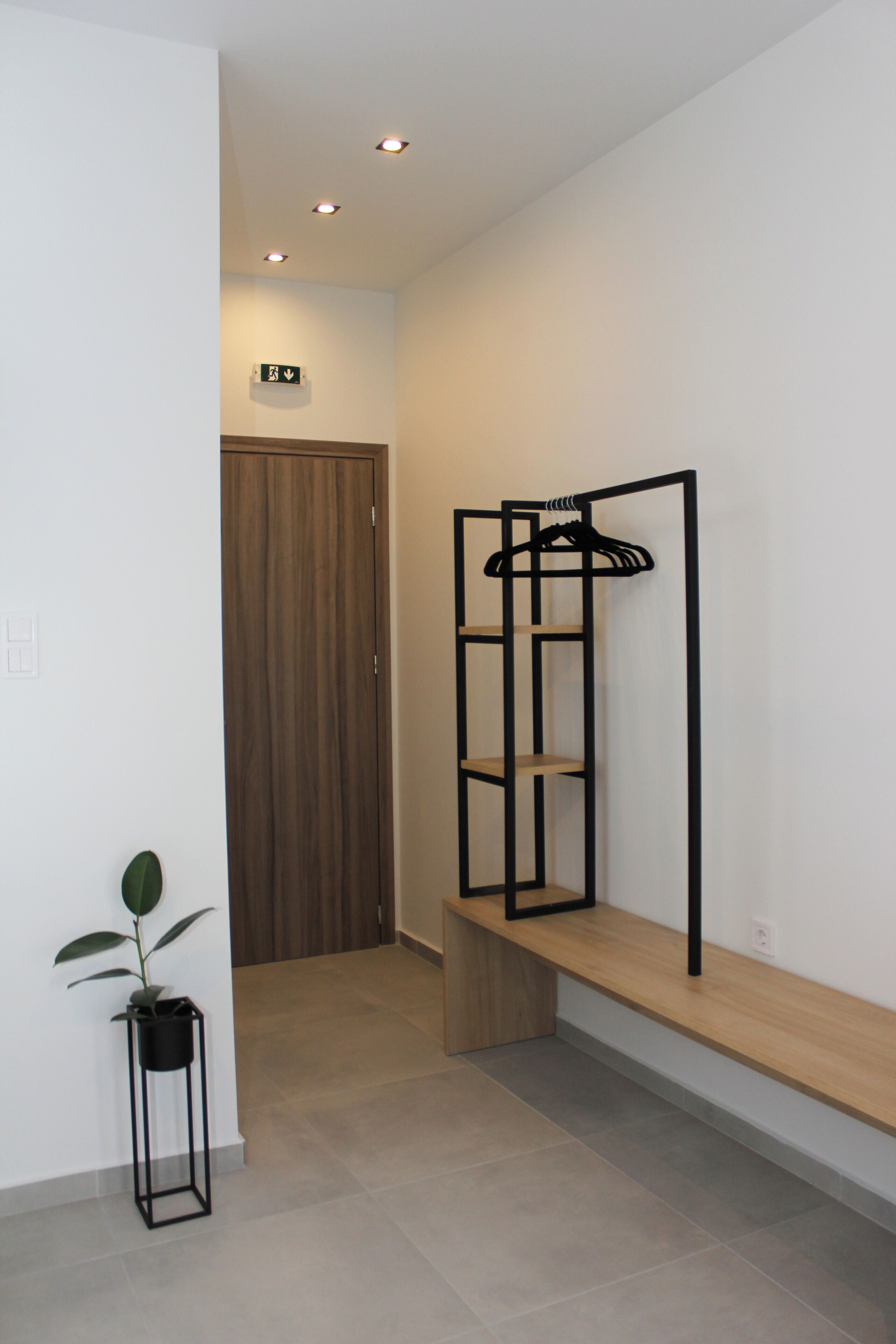 Un pasillo con una puerta de madera, un estante metálico negro con un perchero y una planta en maceta.