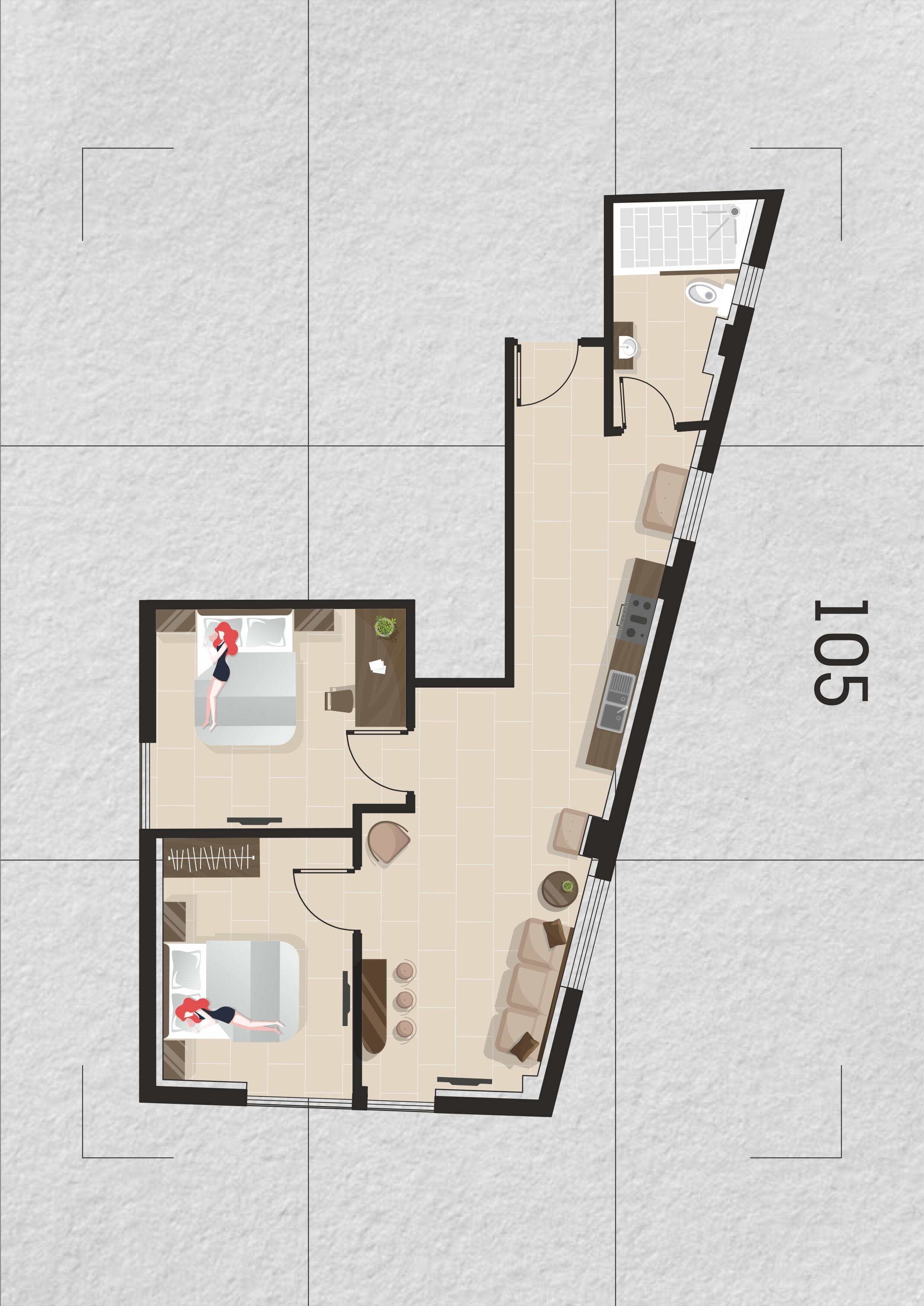 Distribución de habitación 1B2 con sala de estar, cocina y baño.