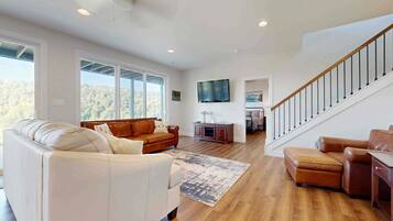 TV, fireplace, DVD player, foosball