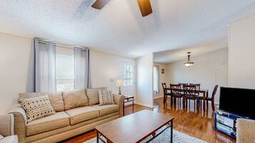 Télévision, cheminée, lecteur de DVD, espaces bureaux