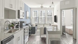 Fridge, dining tables - Landing | Chic 1BD, Clubhouse, Gym (Nashville)