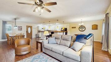 Télévision, cheminée, lecteur de DVD, baby-foot