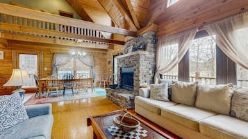 Télévision, cheminée, lecteur de DVD, espaces bureaux