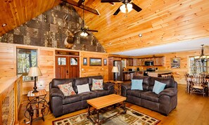 Televisio, takka, työhuone