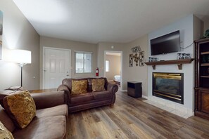 Televisión, chimenea, reproductor de DVD y oficina 