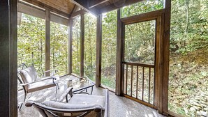 Un porche de madera con puerta y ventanas de vidrio, con vista a un área boscosa.
