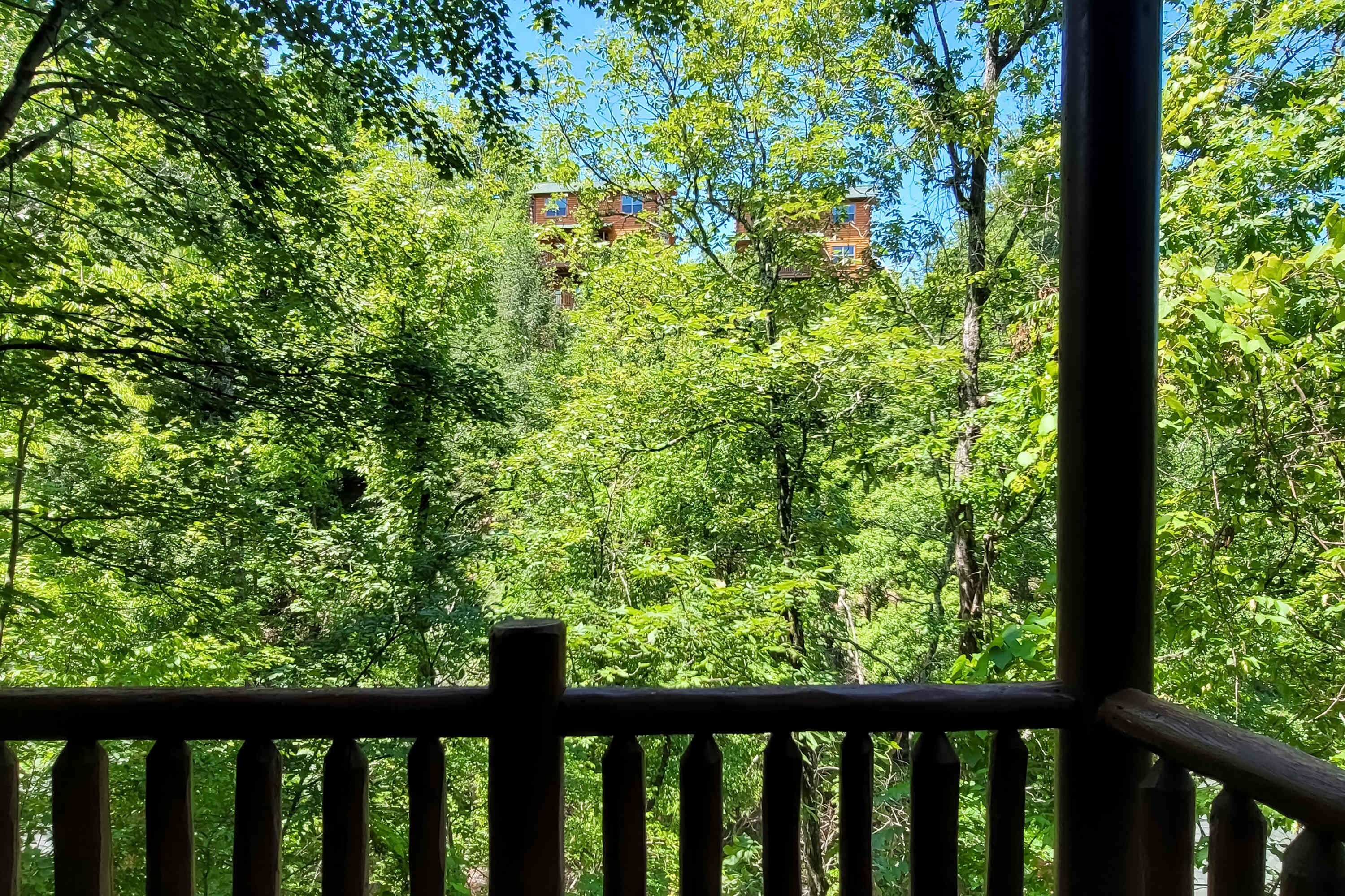 A forested area with a wooden railing, dense greenery, and a building in the background.