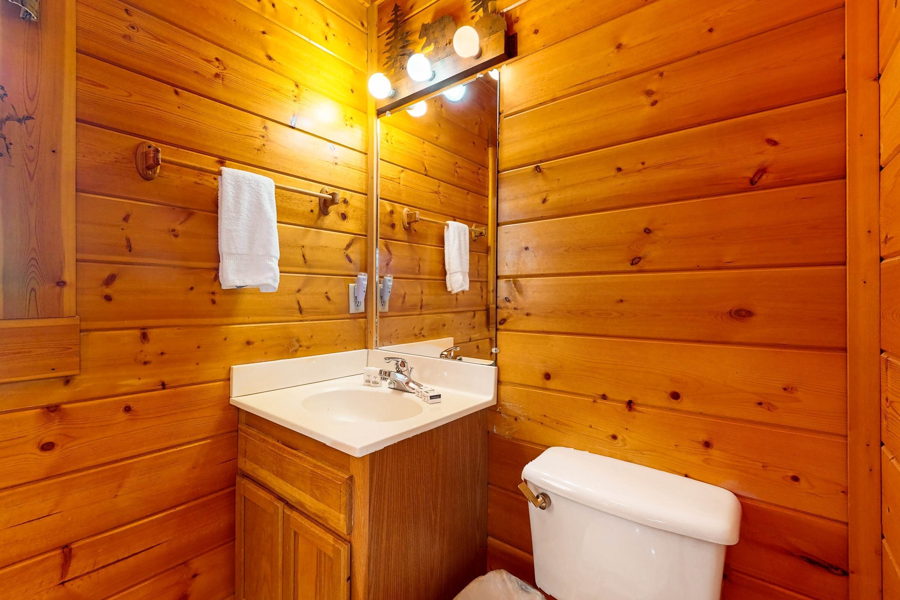 A wooden cabin bathroom with a sink, mirror, and toilet.