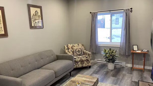 A living room with a grey sofa, patterned armchair, wooden coffee table, and a potted plant. - Belmont Stayover (Belmont)