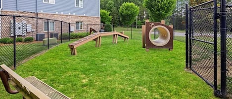 Un espace extérieur clôturé comprenant un banc en bois, un toboggan et une structure en forme de tunnel.
