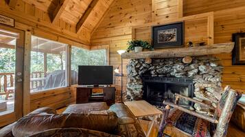 Tv, eldstad, dvd-spelare och kontor