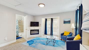 Télévision, cheminée, espaces bureaux