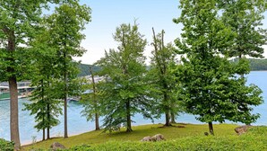 A lakeside view with trees and a dock.