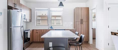 Fridge, dining tables