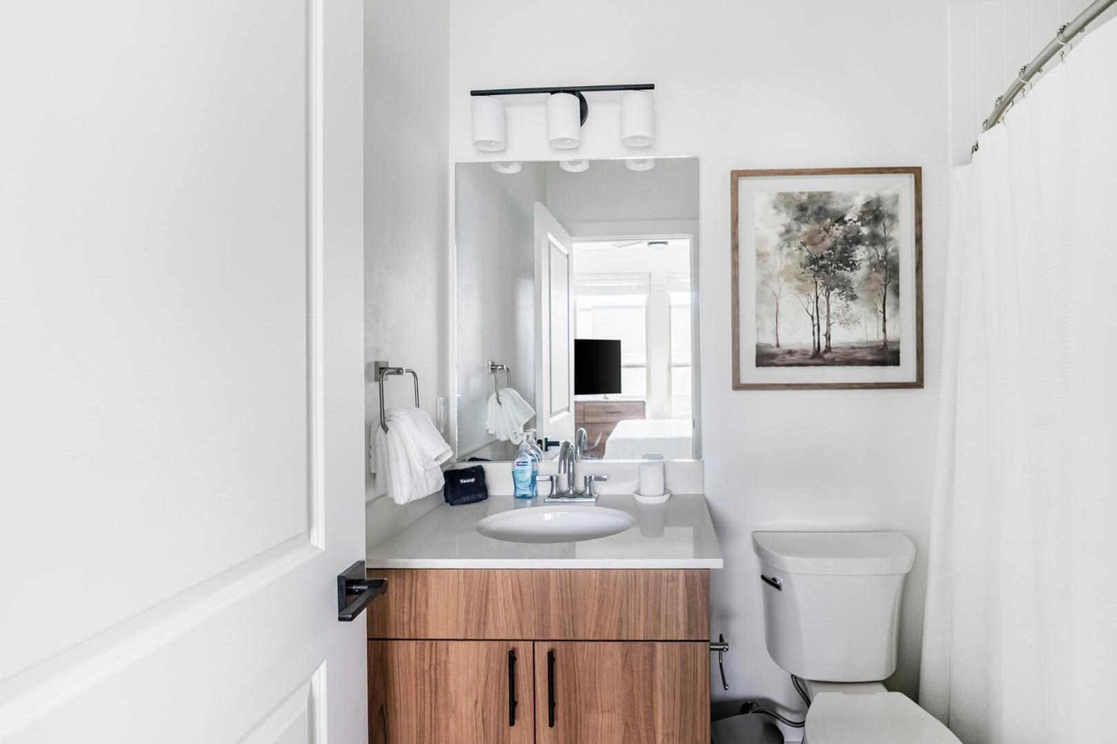 A bathroom with a wooden vanity, a white sink, a toilet, and a framed picture on the wall.