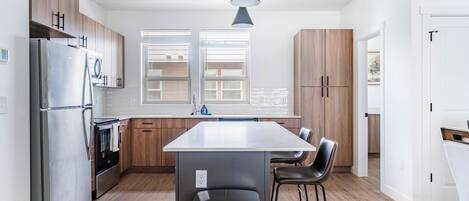 Fridge, dining tables