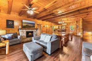 TV, fireplace, DVD player, table football - Large Group Cabin for 60, Two Hot Tubs , Theater and Game Room, Resort Pool (Pigeon Forge)