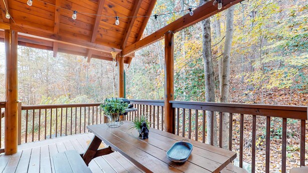 A wooden deck with a picnic table, potted plants, and a metal tray. - 3.5 Mi to DT Pigeon Forge・Dog Ok! Getaway・Hot Tub (Pigeon Forge)