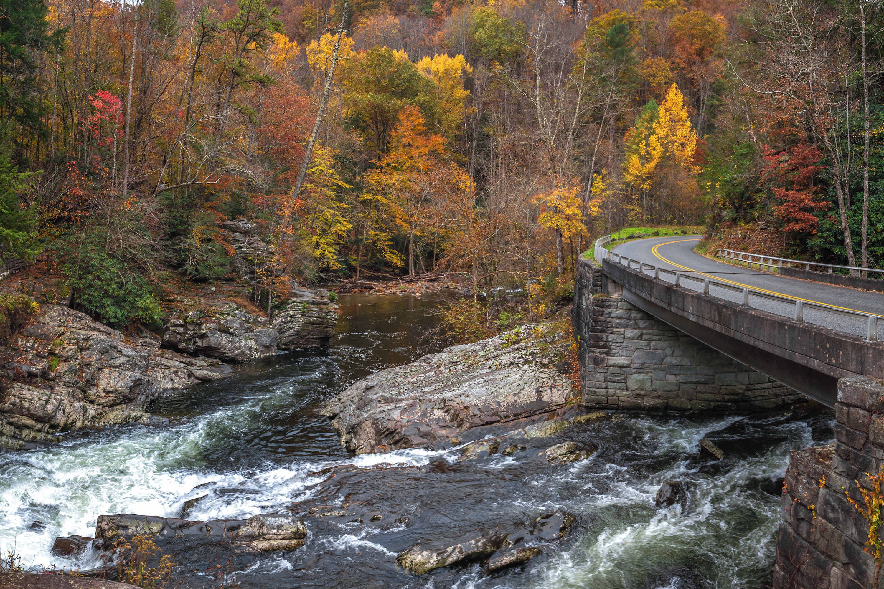 Un puente de piedra sobre un río caudaloso, rodeado de árboles de colores otoñales.