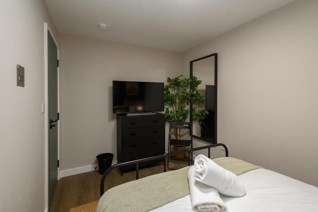 A bedroom with a bed, a dresser, a television, and a mirror.