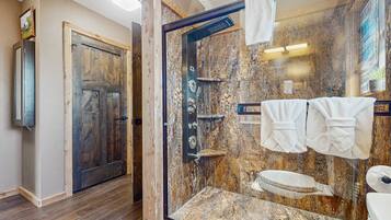 Shower, hair dryer, towels, shampoo