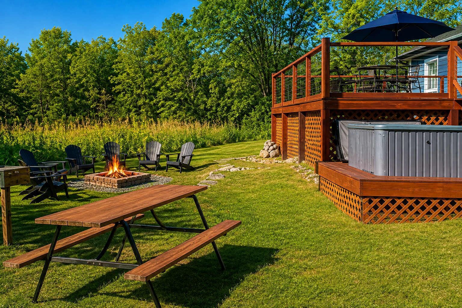 Une terrasse extérieure avec un foyer, une table de pique-nique, des fauteuils Adirondack et un jacuzzi.